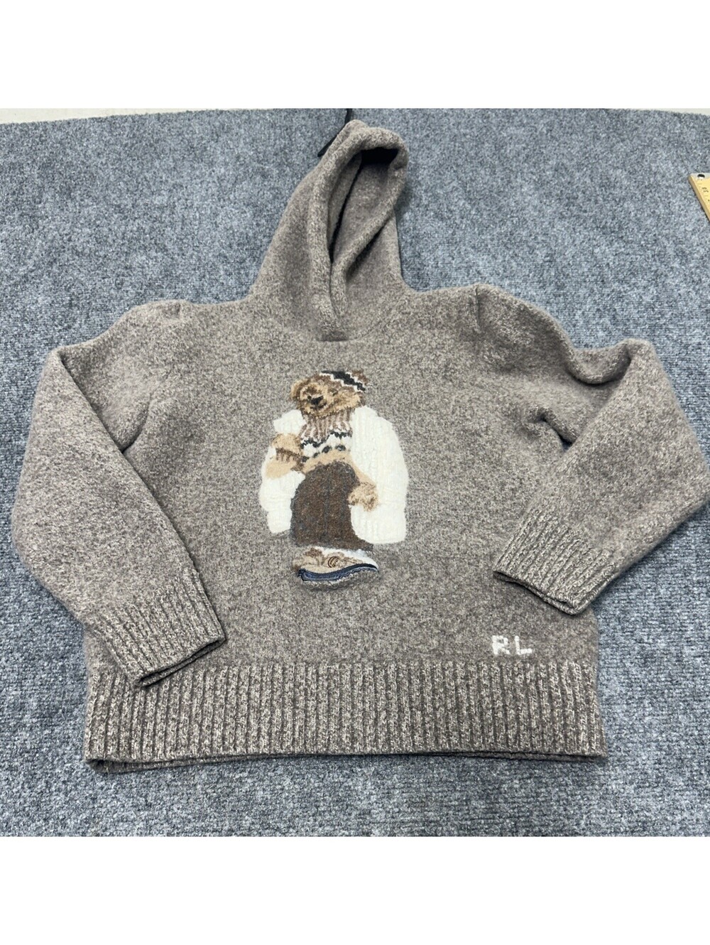 Polo Ralph Lauren Women's Polo Bear in Brown Multi Wool-Blend Knit Hoodie L